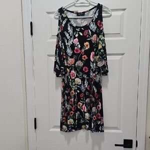 Karen Kane Vibrant Floral Black Midi Dress With Open Shoulders